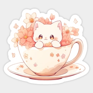 Cute Cat in a Teacup with Flowers Sticker